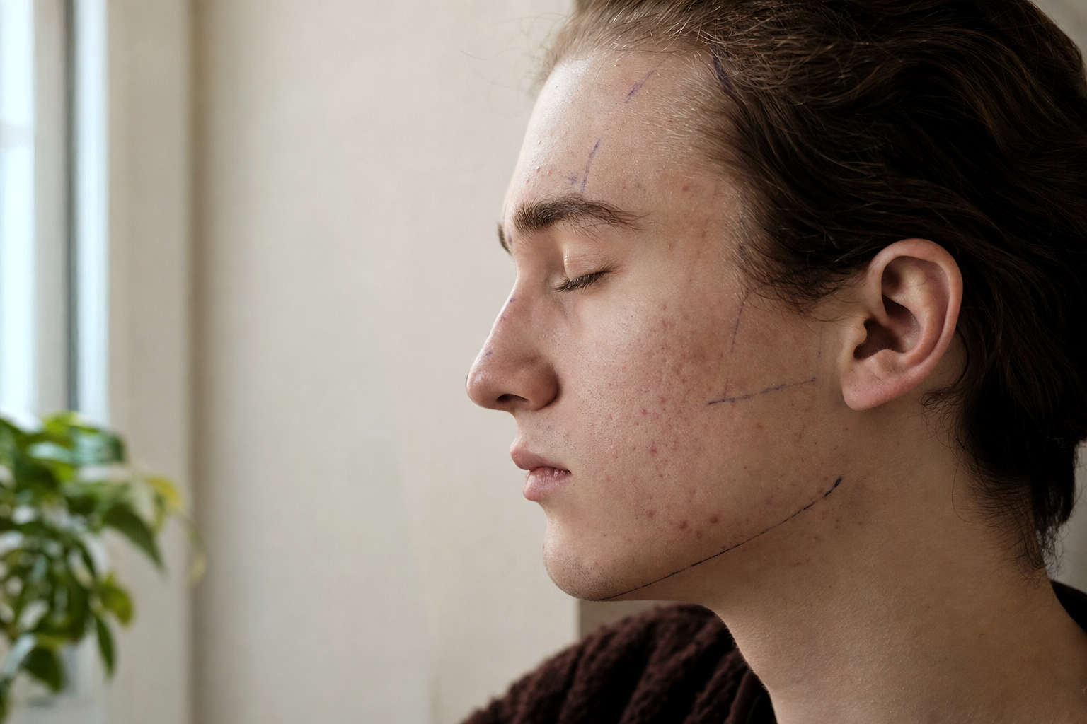 Face / FFS — PROFILE PORTRAIT of a person mid-treatment, eyes closed, soft side light