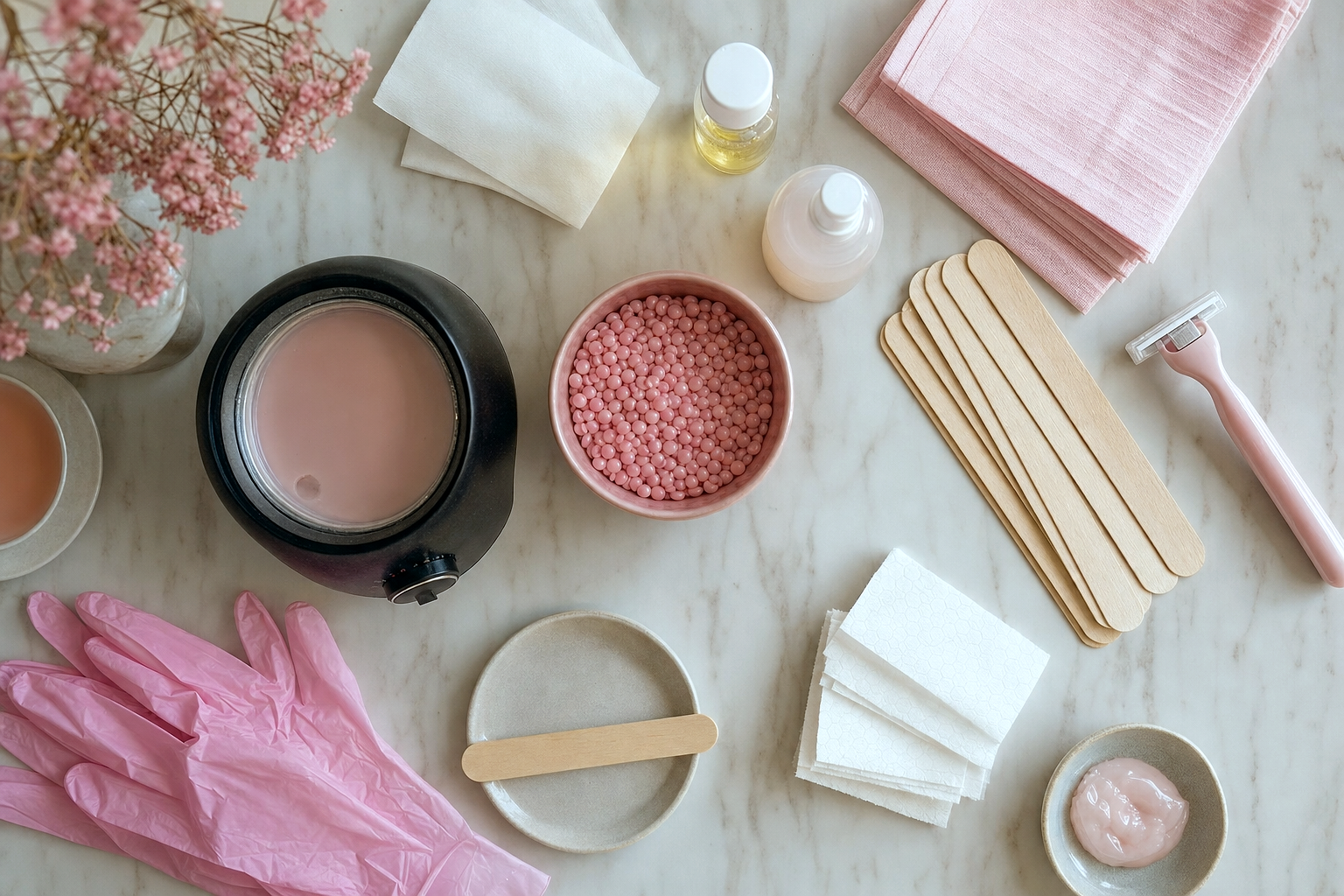 Body — OVERHEAD FLAT-LAY of the tools, products, and supplies for this service, clean background