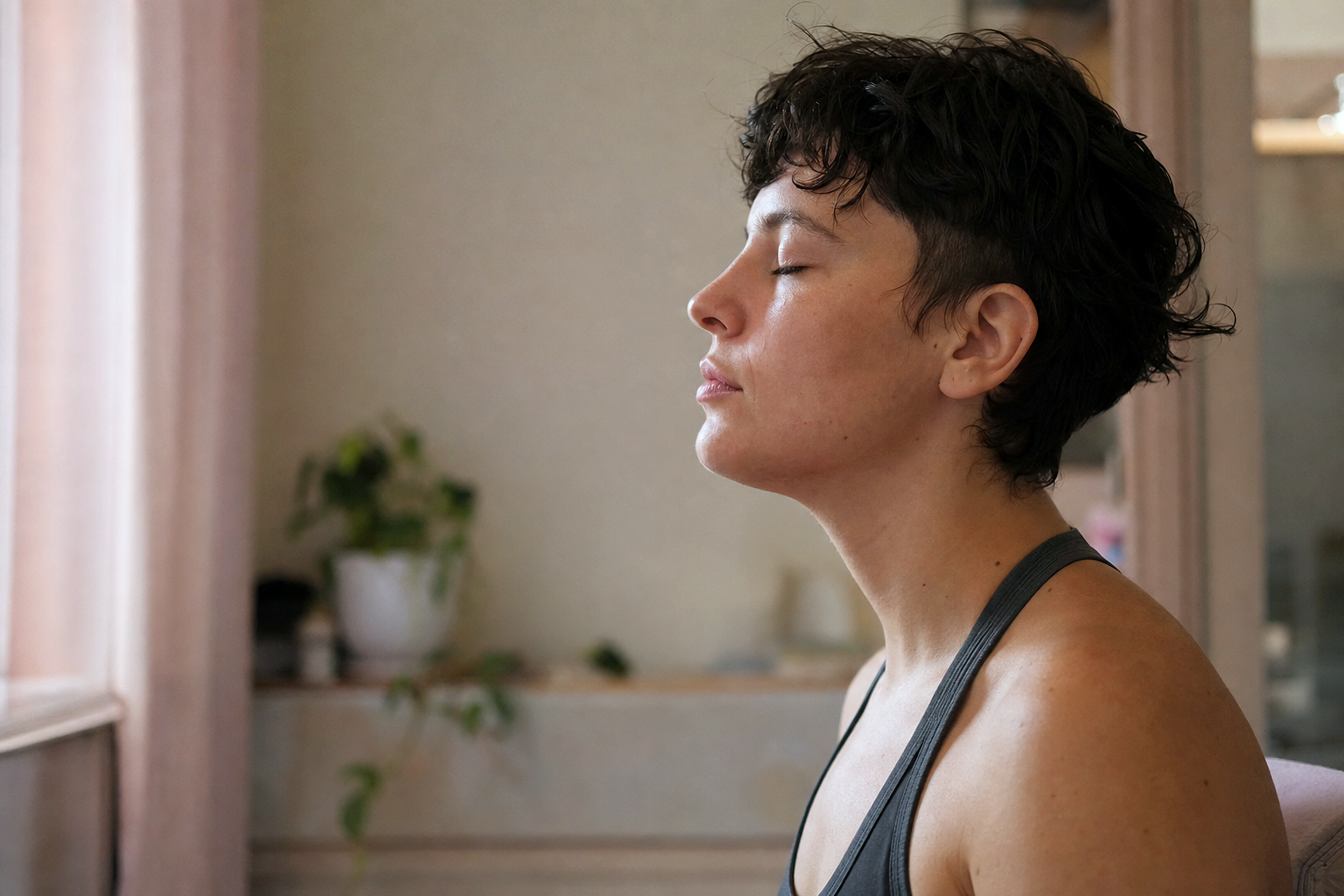 Bottom Surgery — PROFILE PORTRAIT of a person mid-treatment, eyes closed, soft side light