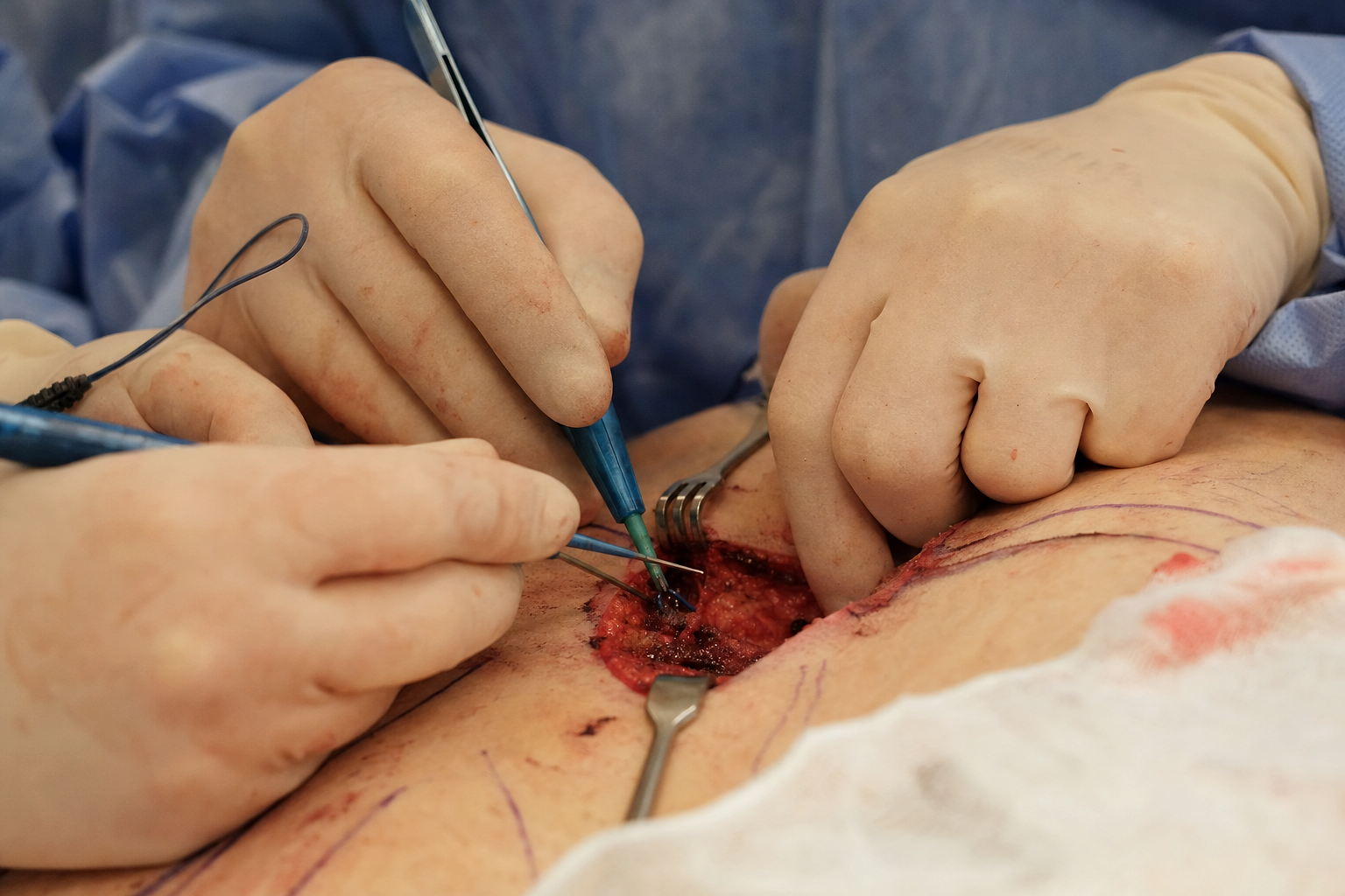Top Surgery — TIGHT MACRO CLOSE-UP on hands or tools mid-procedure, intimate detail, no full faces